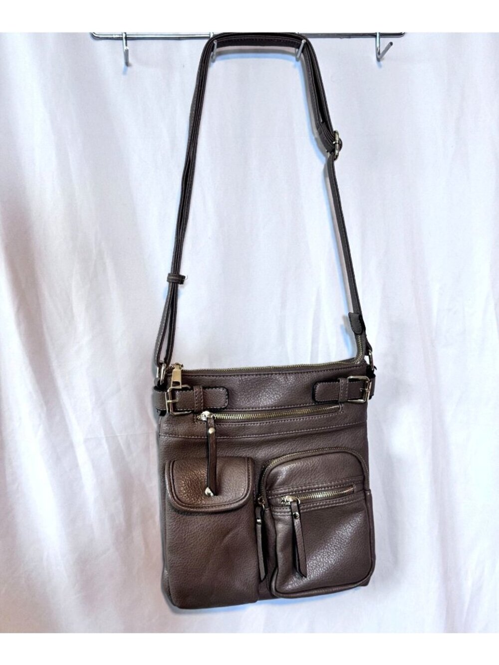 Multi Pocket Faux Leather Crossbody Purse Brown Taupe Adjustable Strap - Picture 5 of 10